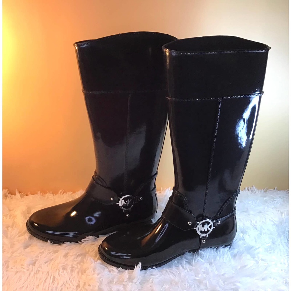 Michael Kors Women's Black Glossy Rain Boots Sz 10 - Picture 2 of 5